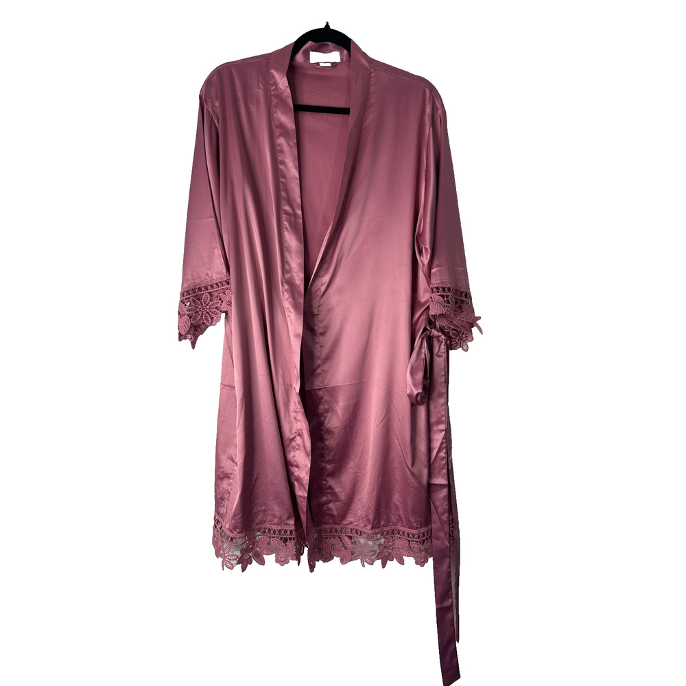 Kennedy Blue Womens Satin Robe‎ One Size Mauve Delicate Floral Lace Trim Belted